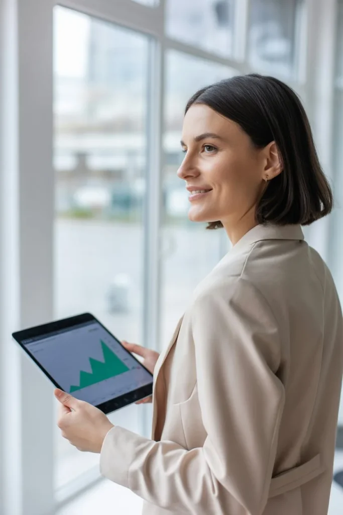 A confident e-commerce entrepreneur reviewing her True Net Profit on a tablet in a modern office, not a warehouse.