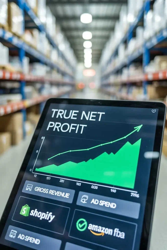 Close-up of a financial dashboard showing True Net Profit versus Gross Revenue for Shopify and Amazon FBA sellers.