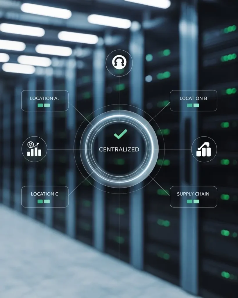 Close-up of a centralized digital dashboard showing real-time financial reporting for multiple franchise locations.