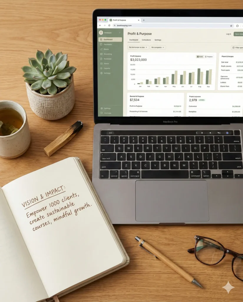 A flat lay photograph of an organized wellness entrepreneur's desk displaying a laptop with minimalist bookkeeping software next to a journal and palo santo.