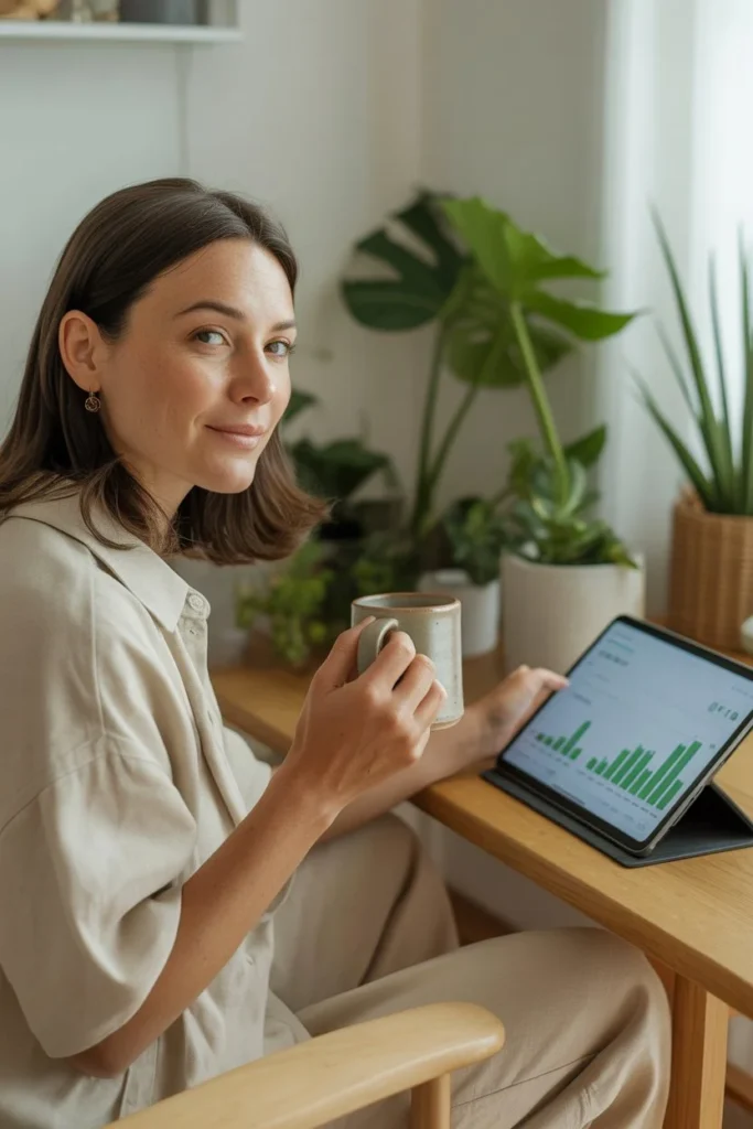 A calm, successful wellness coach sitting in a sunlit office, reviewing a positive financial dashboard on her tablet.