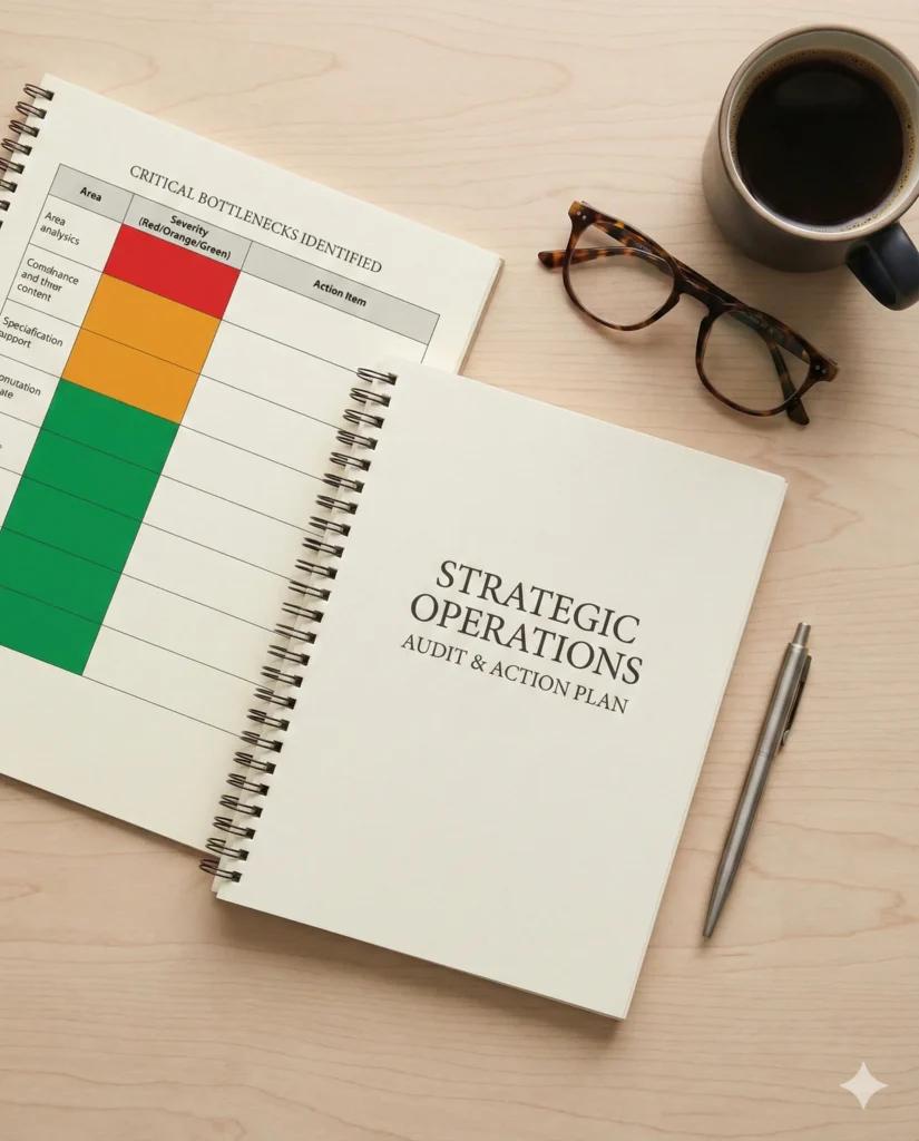 A top-down photograph of a printed strategic operations audit and action plan document open to a page identifying critical bottlenecks.