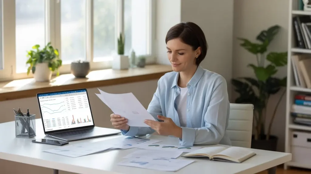 A professional consultant reviewing a 360-degree business operations audit report and financial charts to identify bottlenecks.