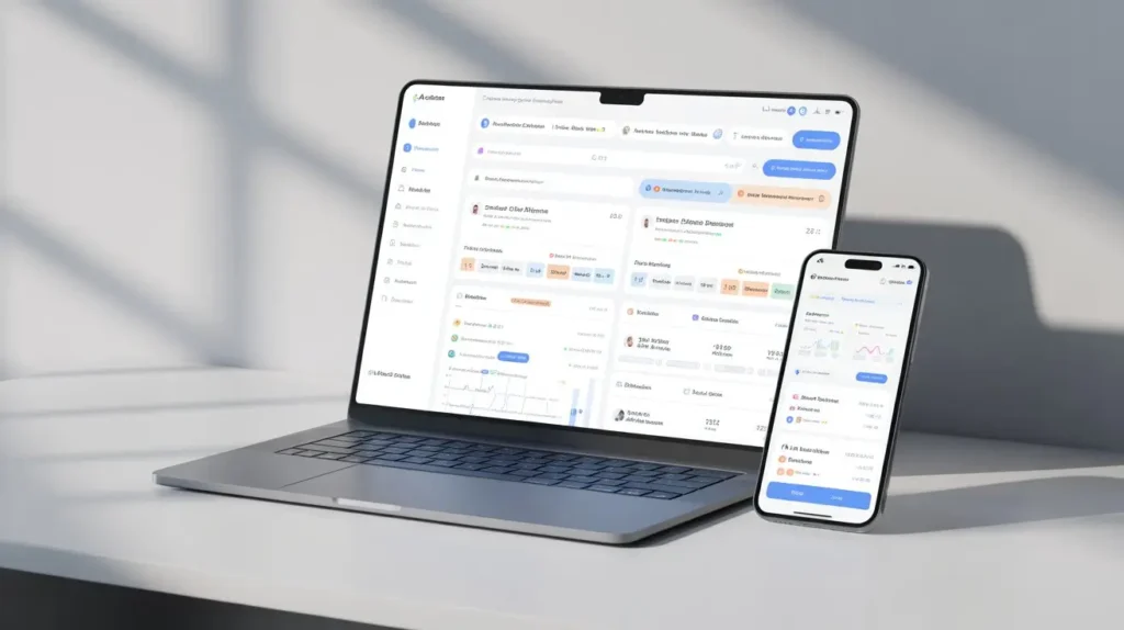 A laptop and smartphone displaying synchronized real-time financial dashboards for a fractional controller partnership.