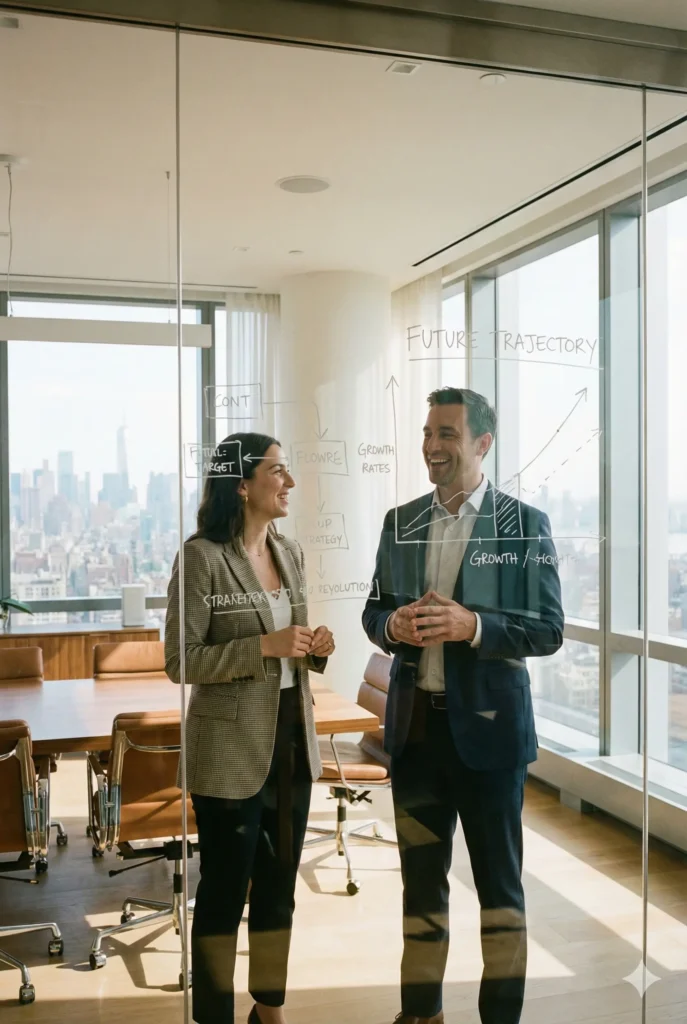 A business owner and strategic financial partner collaborating on a long-term growth roadmap using a glass whiteboard in a modern boardroom.